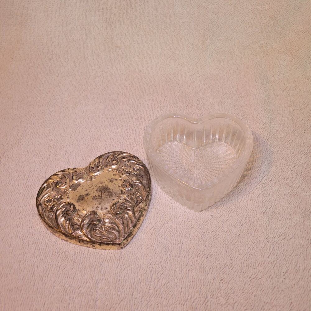 Clear Heart Shaped Glass Jewelry Box w/ Tarnished Silver Plated Cover Vintage